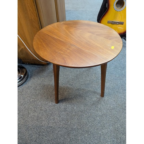 723 - Mid century modern style occasional table (d52cm h43cm) together with decorated brass charger (d40.5... 