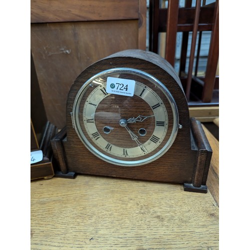 724 - Astral mantle clock together with an oak mantle clock