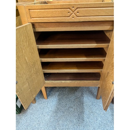 787 - Light oak cupboard with lift top storage and four internal shelves W57 x D38 X H77.5CM