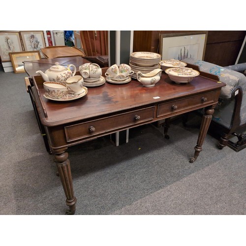 794 - Mahogany two drawer writing desk with gallery W122 x D53.5 x H80cm