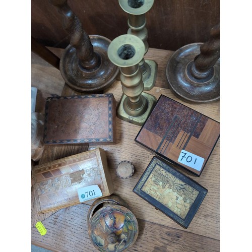 701 - Five various wooden boxes, some with painted details together with a pair of brass barley twist cand... 