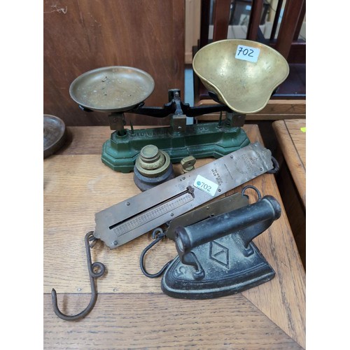 702 - Scales and weights inc. 1941 with military broad arrow (military edition) + flat iron.