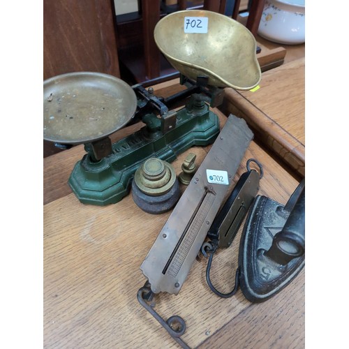 702 - Scales and weights inc. 1941 with military broad arrow (military edition) + flat iron.