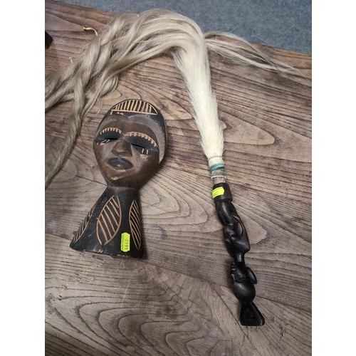 712C - African fly whisk and carved wooden mask ornament