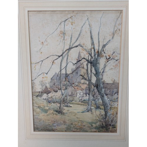 2 - Andrew Archer Gamley RSW (Scottish 1869 - 1949) watercolour of a wintry scene with village church, s... 