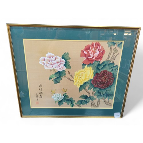 6 - Chinese silk painting of peonies, framed 53 x 63cm