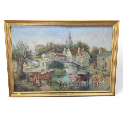 13 - Edwin Frederick Holt PM R.A (British 1830-1912) oil on canvas of a pastoral scene with cattle in riv... 