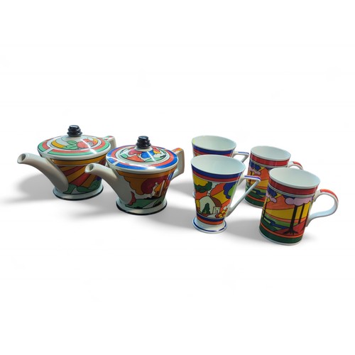 398 - Past Times Clarice Cliff 'Bizarre Way' inspired tea pots (x2) and four cups