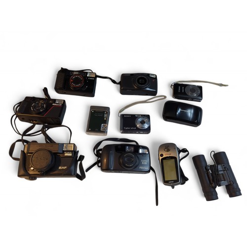 413 - Shelf of various cameras inc. Olympus, Canon, Sony, Nikon and photography accessories together with ... 