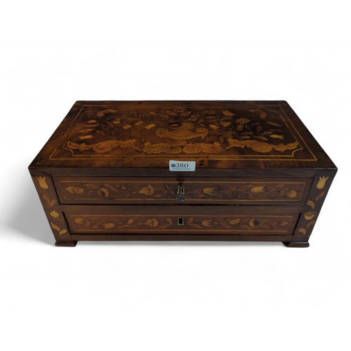 380 - Dutch-style marquetry two drawer table top chest with 2 lockable drawers. Top drawer with compartmen... 