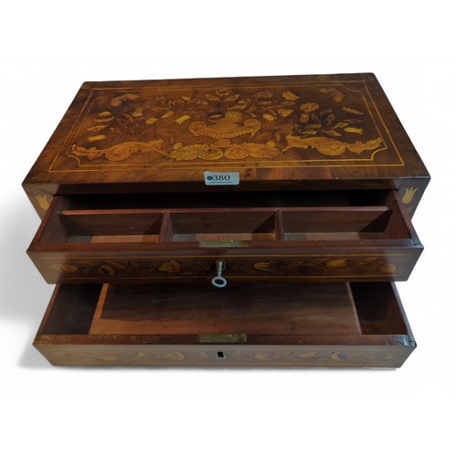 380 - Dutch-style marquetry two drawer table top chest with 2 lockable drawers. Top drawer with compartmen... 