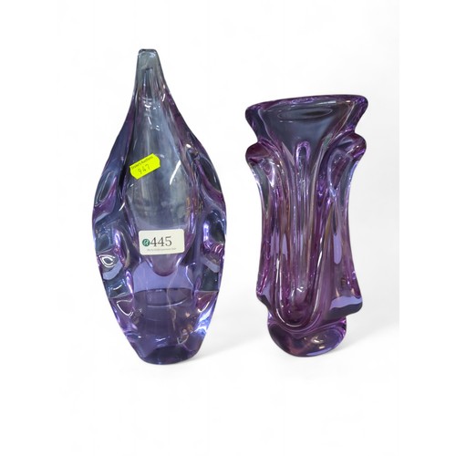 445 - 2 x violet coloured art glass vases 'tallest 26cm'