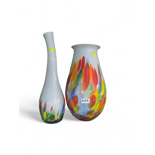 445A - Two art glass opaque vases with multicoloured striations, tallest 45cm high