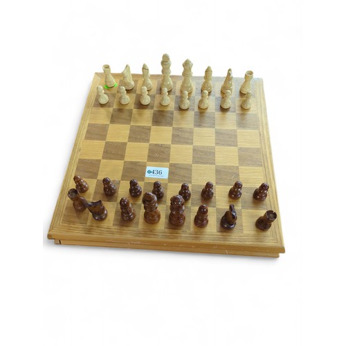 436 - Classic chess board with built in storage drawer with complete chess piece set. 