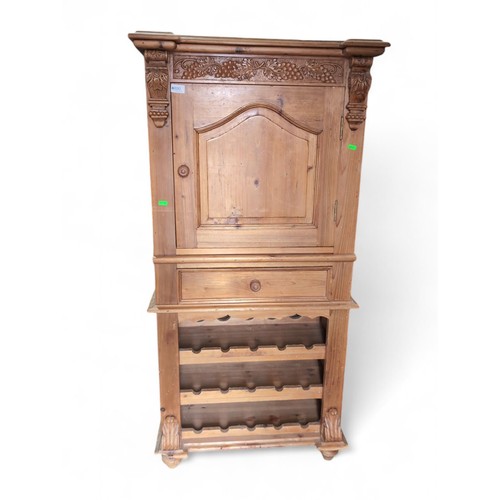 100 - Mediterranean pine wine rack cupboard. W70cm D46cm H142cm 