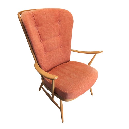 45 - Ercol Model 478 Windsor beach-framed high back easy chair with upholstered loose seat cushions.