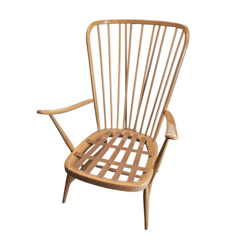 45 - Ercol Model 478 Windsor beach-framed high back easy chair with upholstered loose seat cushions.