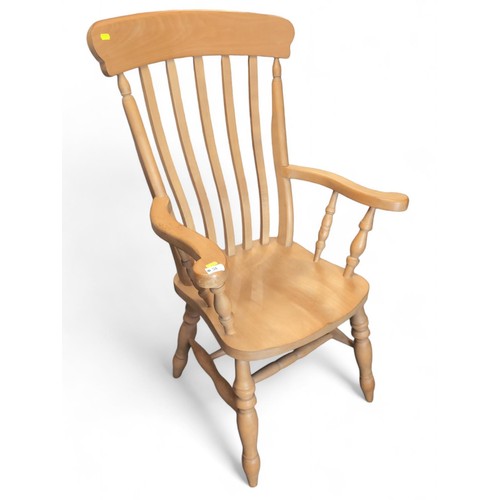 51 - Beech high back farmhouse chair. H116cm.