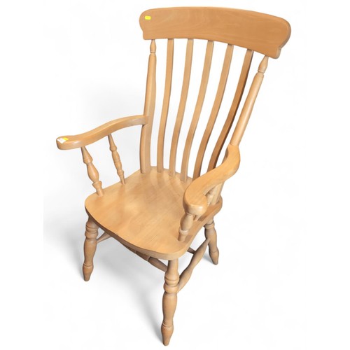 51 - Beech high back farmhouse chair. H116cm.