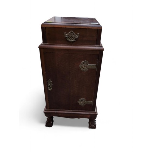 62 - Mahogany pot cupboard with brass fittings and claw and ball feet. W40cm D31cm H78cm.