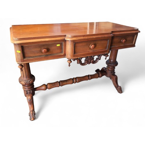 65 - C.19th mahogany 3 drawer console table with carved apron and bollistrade stretcher. W121cm D58cm H78... 