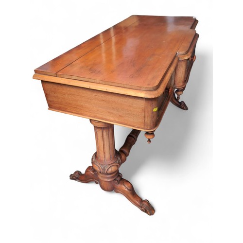 65 - C.19th mahogany 3 drawer console table with carved apron and bollistrade stretcher. W121cm D58cm H78... 