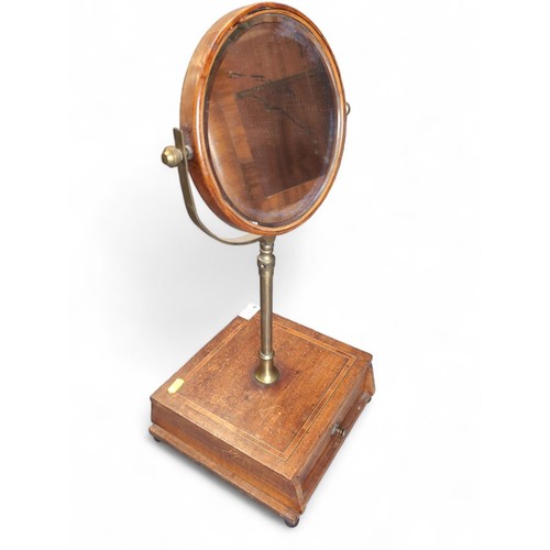 70 - Table top bevelled shaving mirror on inlaid stand with 2 drawers. W25.5cm D25.5cm H56.5cm.