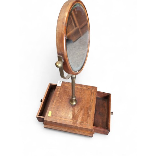 70 - Table top bevelled shaving mirror on inlaid stand with 2 drawers. W25.5cm D25.5cm H56.5cm.