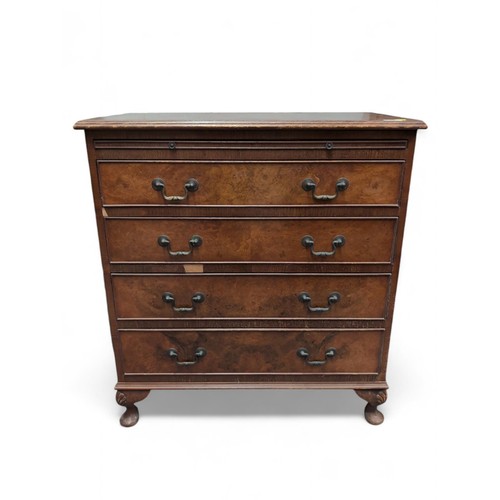 91 - Burr walnut veneered 4 drawer chest, with top writing/resting pullout. W76cm D43cm H83cm