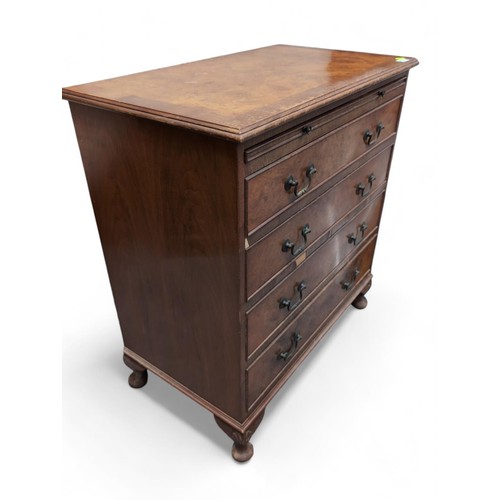 91 - Burr walnut veneered 4 drawer chest, with top writing/resting pullout. W76cm D43cm H83cm