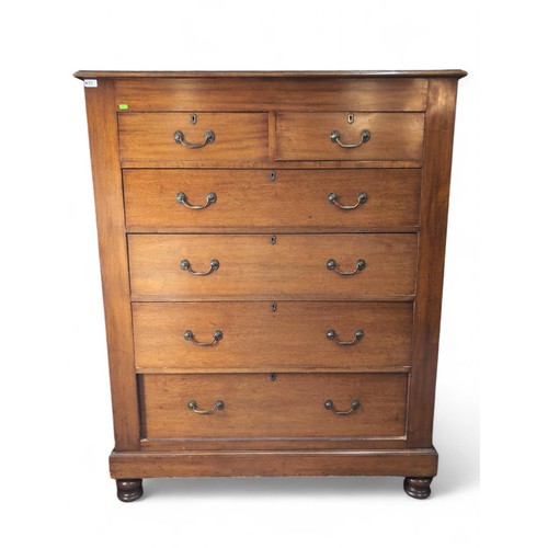 93 - 2 over 4 tallboy chest of drawers, raised on bun supports with brass handles & escutcheons. W122... 