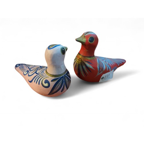 133 - Two hand painted ceramic birds, L15cm, red bird with repair