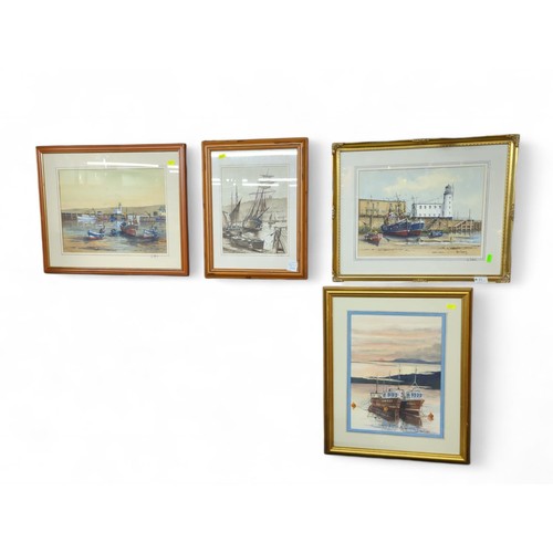 15 - Ken Cooper (British C20th) Four watercolour paintings of fishing boats, two titled verso 'Waiting fo... 