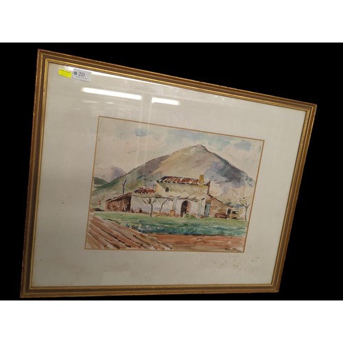 20 - Ink and watercolour painting of a house in Mallorca, signed (illegible) and dated 1953, framed 70 x ... 