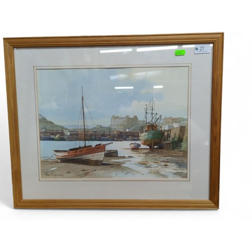 27 - Don Micklethwaite (British b.1936) watercolour of a harbour scene, signed lower left, framed 55 x 44... 