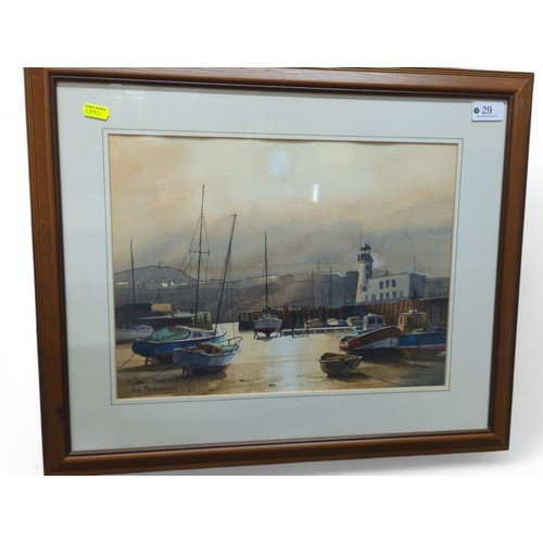 29 - Don Micklethwaite (British b.1936) watercolour of a harbour scene, signed lower left, framed 56.5 x ... 