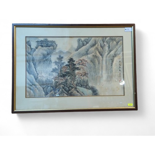 32 - Chinese landscape painting on silk, framed 64.5 x 46cm