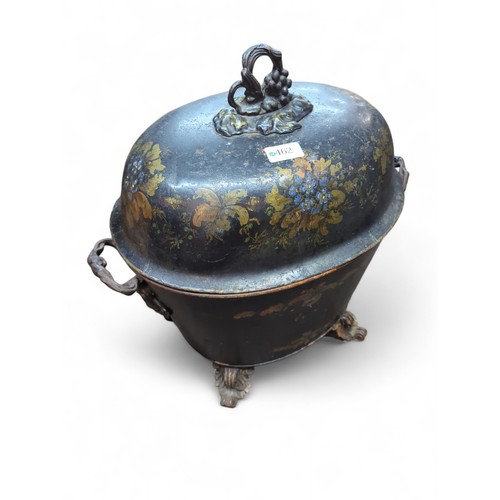 462 - C.19th toleware lidded coal box. H50cm overall.