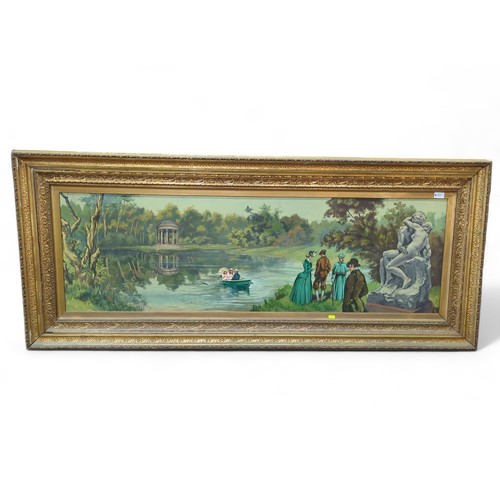 37 - Oil on board of a landscape with figures, signed 'H' and dated '73, in ornate gilt frame 173 x 74cm