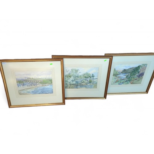 39 - Three mounted and framed watercolour landscape scenes, unsigned, 63.5 x 56cm