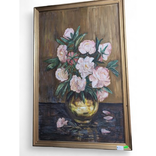 1 - Oil on board still life of a vase of peonies, unsigned, framed 63 x 97cm