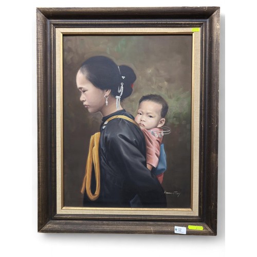 12 - Francis Tsoy (Chinese C20th) oil on canvas of a mother and child, framed 60 x 75cm