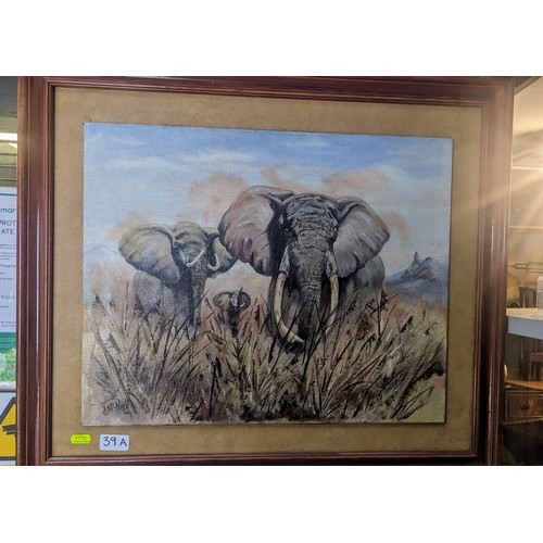 39A - Oil on board of a group of elephants, signed J. McNeill, framed 67 x 58cm