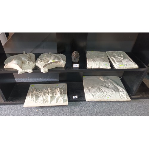 37A - 6 x classical plaster relief plaques + 1 x small Tutankhamun bust.