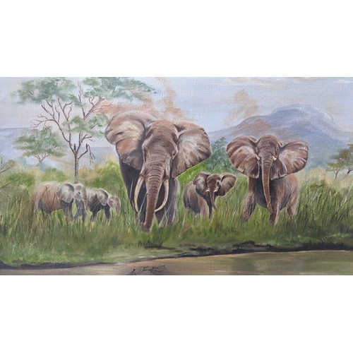 39B - Oil on canvas of an elephant family group, signed John Mc. Neill and dated 1992 lower left, in gilt ... 