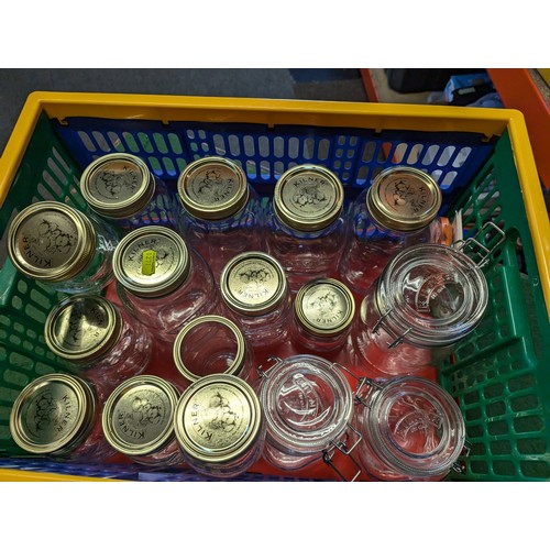 26 - Crate of various-sized Kilner jars.