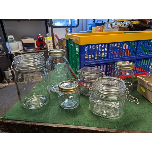 26 - Crate of various-sized Kilner jars.