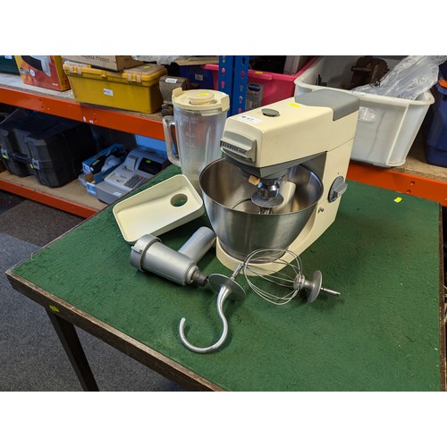 43 - Kenwood Chef with accessories inc. blender, hook, whisk, beater, mincer. Model no. A701.