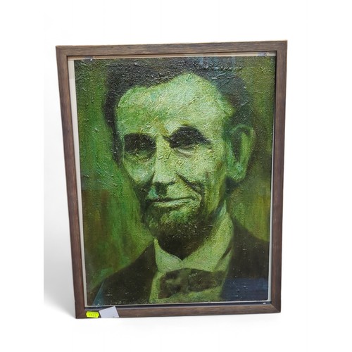 Tom Philllips CBE RA (1937-2022) oil on board portrait of Abraham Lincoln, framed beneath glass, unsigned but with email correspondence from Tom Phillips attached verso confirming authorship, 43 x 55cm