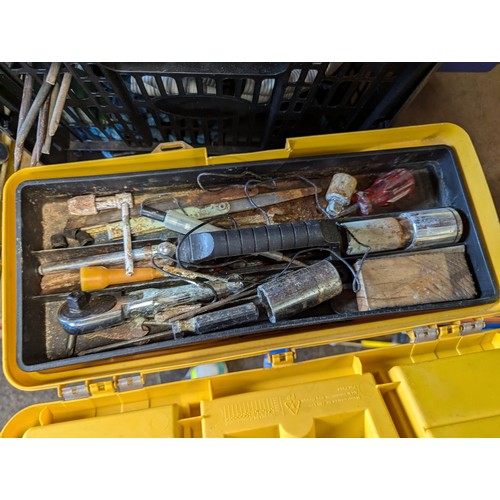 143 - Various fittings and tools across several boxes inc. wooden stakes, socket set, funnels, files, scre... 